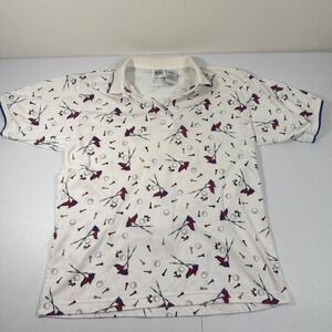 Vtg Jason Maxwell Mens Golf Polo Shirt AOP Flags Golf Balls Tees White Size M